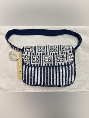 Studio 12 Blue & White Beaded Shoulder Bag Rhinestone Floral New With Tags